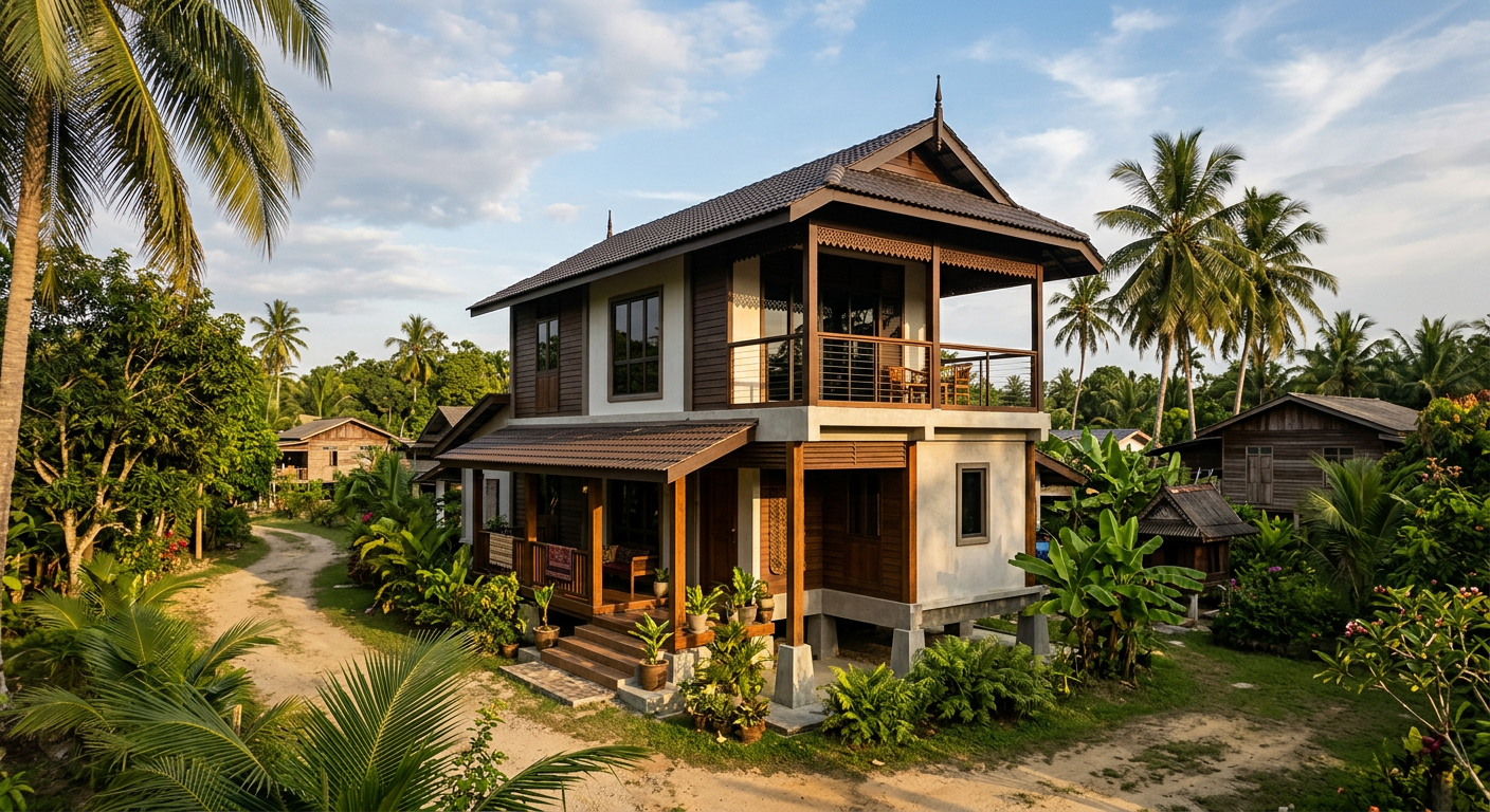 Modern Malay house in Terengganu with traditional architecture and invisible grill on upper floor balcony