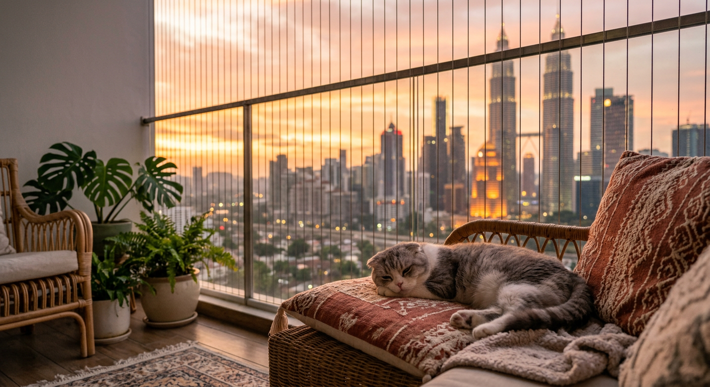 Cat relaxing on balcony at sunset with invisible grill