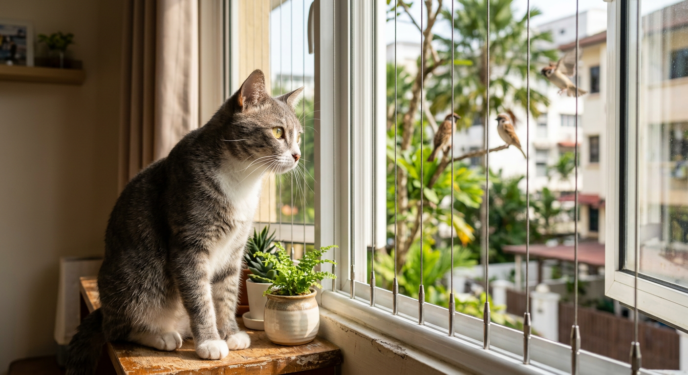 Cat sitting by window with invisible grill installed
