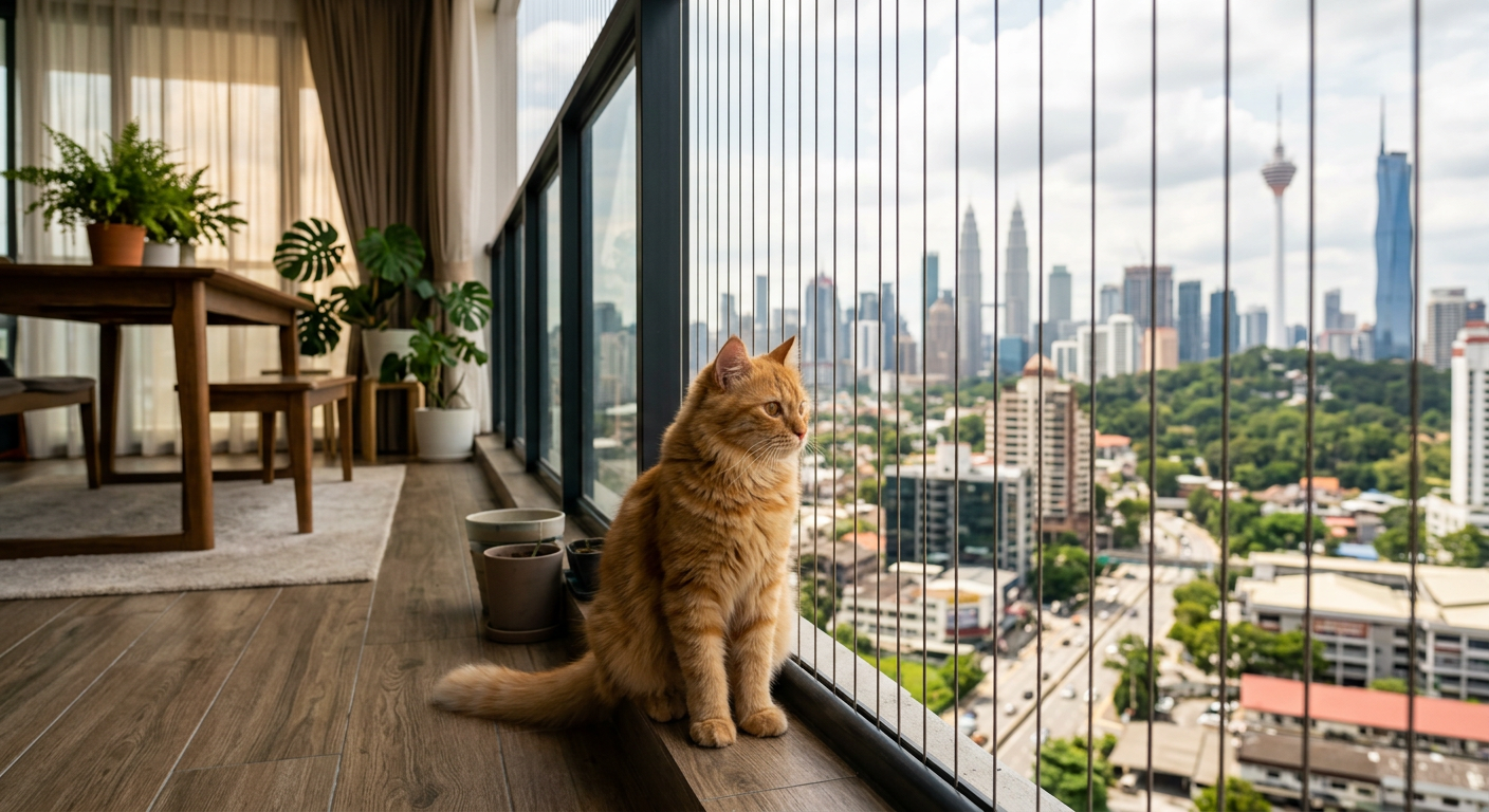 Cat sitting safely behind invisible grill on Malaysian condo balcony with KL skyline