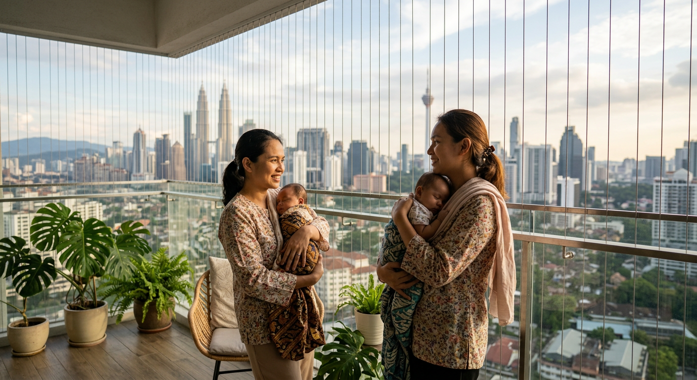 Mother with baby on safe balcony with invisible grill