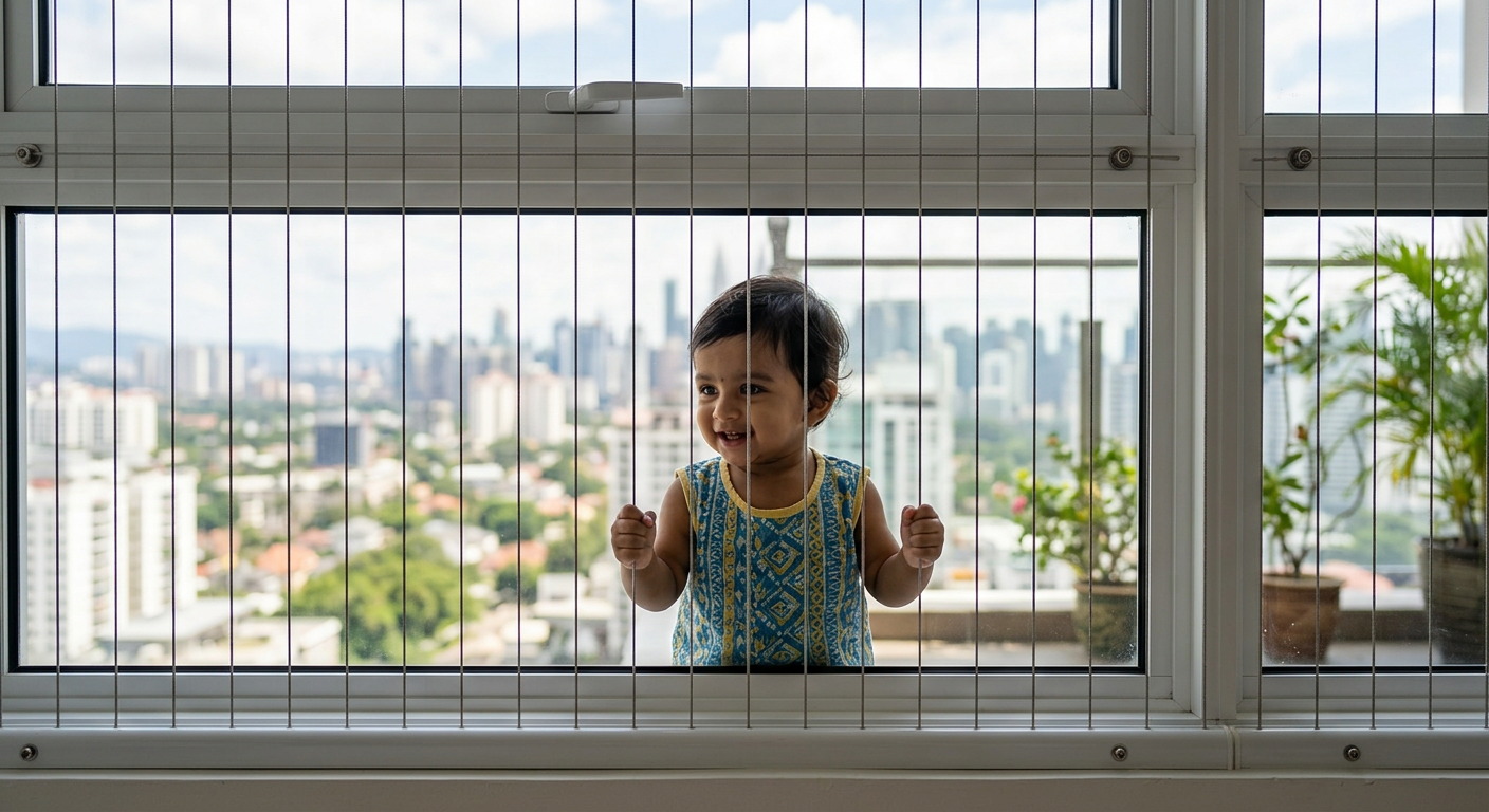 Baby safely behind invisible grill on window
